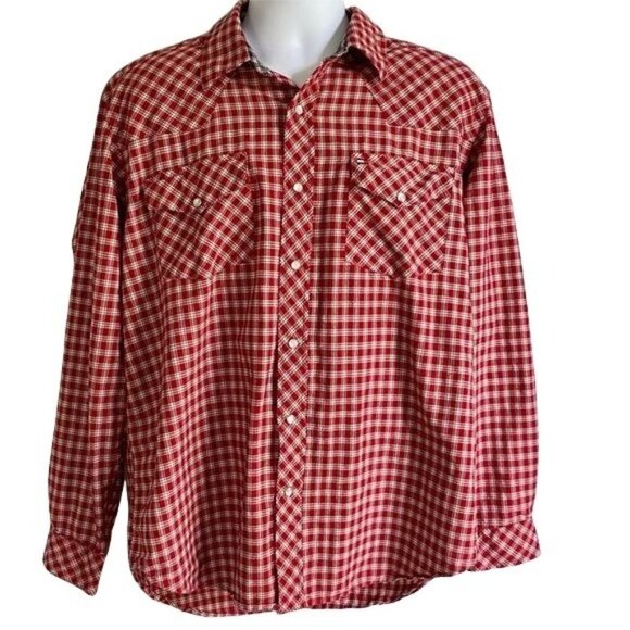 Tommy Hilfiger Long Sleeve Pearl Button Snap Shirt Red White Size Large - Picture 1 of 8